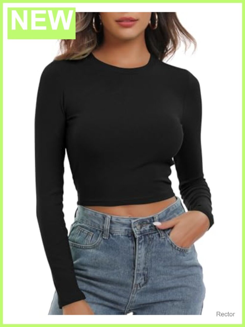 Knit Ribbed Long Sleeve Crop Top Crew Neck Fitted Basic Tee